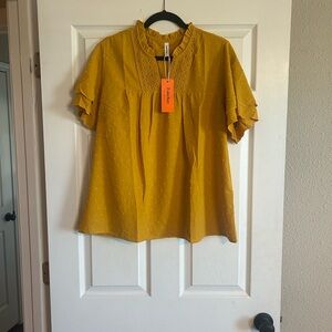 Textured Ruffle Sleeve Blouse in Mustard Yellow